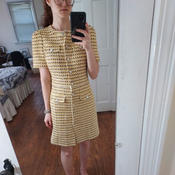 MAJE Yellow Gold Rill Metallic Cotton Tweed Mini Dress - Picture 2 of 11